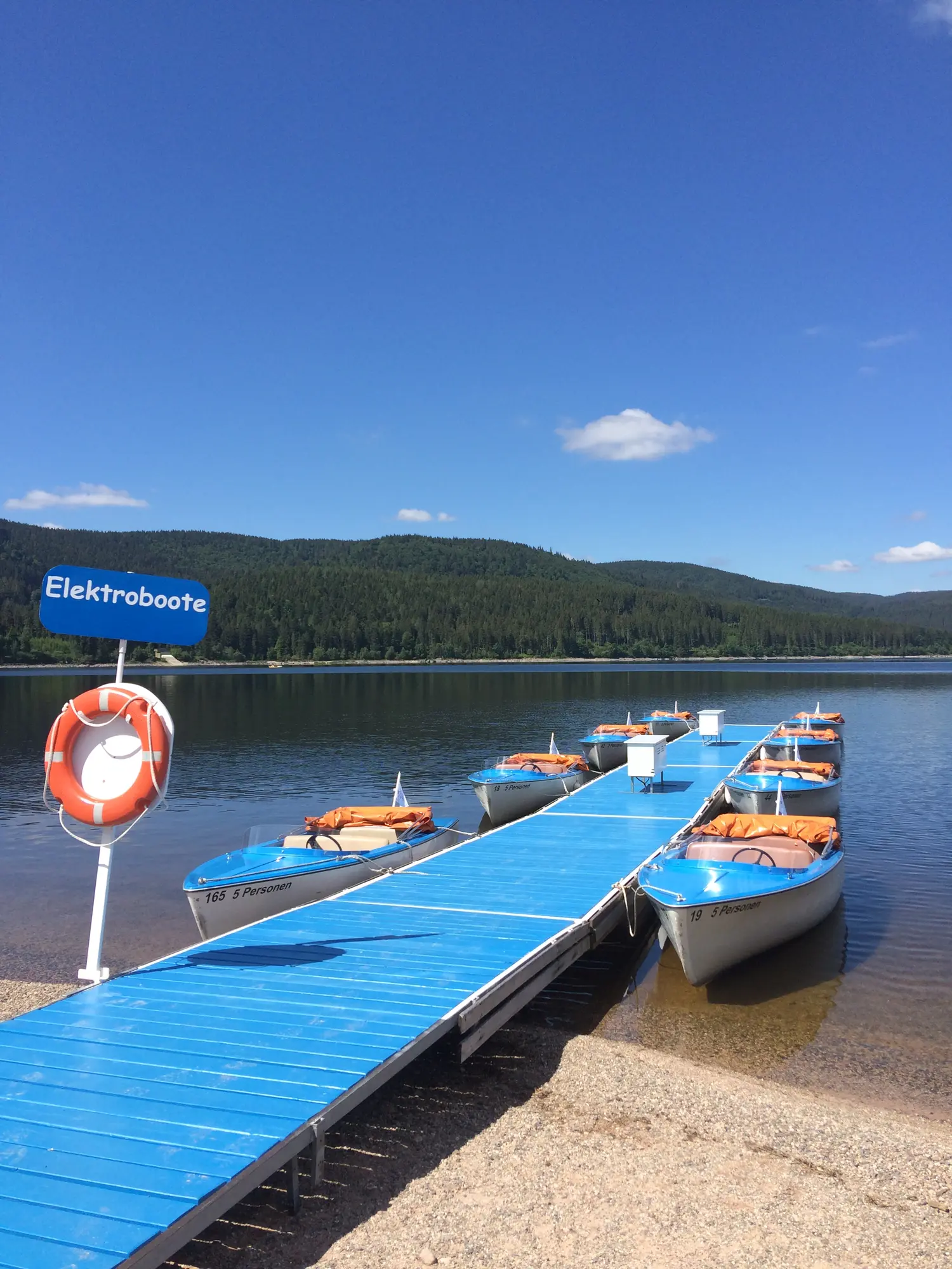 Blauer Bootssteg mit aufgereihten Tret- und Elektrobooten am sonnigen Schluchsee