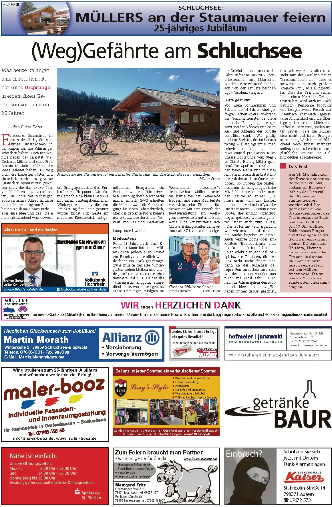 Zeitungsausschnitt des Hochschwarzwaldkuriers vom 10. Mai 2017, Seite 8, über die Bootsvermietung Müller am Schluchsee